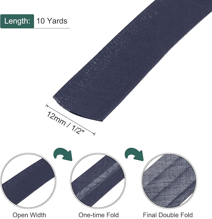 MECCANIXITY 1/2 Inch Double Fold Bias Tape Polyester Continuous Bulk Bias Tape for Sewing,Seaming Quilting Hemming Binding Crafts (Navy Blue 10 Yards)