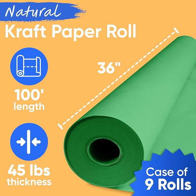 36" x 1200" (100 ft) Green Kraft Paper (Case of 9 Rolls), 45 lbs Thickness, Kraft Paper for School, Art Colored Paper, Gift Wrapping Paper, Packing Paper for Moving
