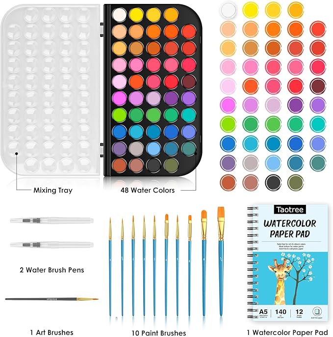 Taotree Watercolor Paint Set, 48 Colors Watercolors Kit Water Colors with 10 Paint Brushes, Brush Pens, Palette, Drawing Pad, Painting Supplies, Christmas Gifts for Adults Artist Drawing, Painting