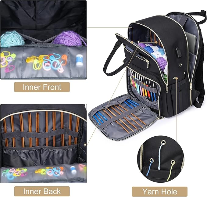 Knitting Bag Crochet Backpack for Crocheters,Yarn Organizer Storage for Knitters Travel,Large Capacity Crochet Bag Yarn Storage Tote Bag with USB Port Knitting Gifts for Women