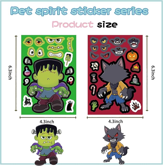 24 Sheets Halloween a Make Face Sticker – Monster Pumpkin Ghost Vampire Witch Mummy Vinyl Feature Stickers for Scrapbooking, Journaling, Collage & Seasonal Decor