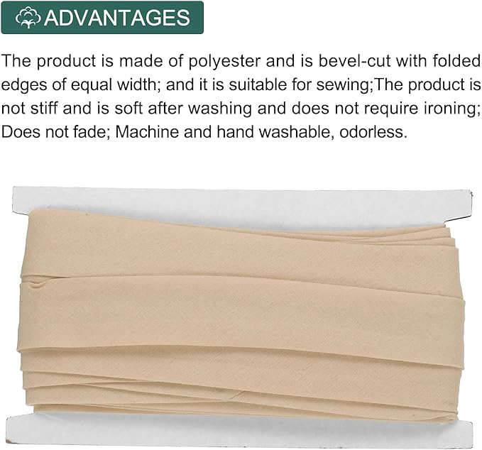MECCANIXITY 1 Inch Double Fold Bias Tape Continuous Bulk Cotton Bias Tape for Sewing Seaming Quilting Hemming Binding Crafts (Khaki 12 Yards)