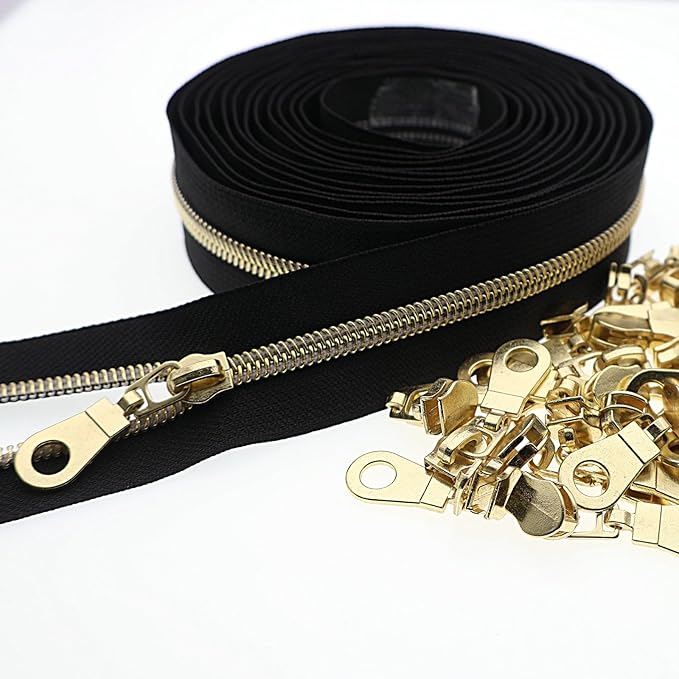 #5 Gold Metallic Nylon Coil Zipper by The Yard, Bulk 10 Yards Black Tape Gold Teeth with 25PCS Gold Zippers Pulls for Sewing, Bags, Purses YIGUANXIN