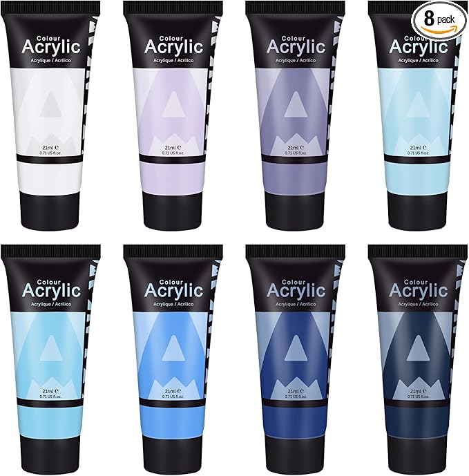 AUREUO Blue Acrylic Paint Set - 8 Ocean Marine Coastal Colors 0.71 Fl Oz / 21ml Tubes Aqua Winter Blue Tone Art Paints for Crafts Seascapes, Gift for Painters