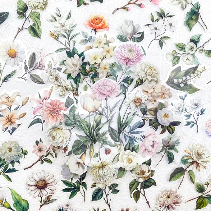 50pcs White Flower Scrapbook Stickers – Vintage Botanical Clear Floral Aesthetic Stickers for Journaling, Scrapbooking, Cards, Planners