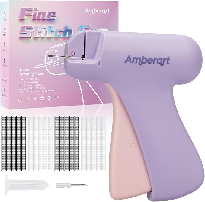 Stitch Gun for Clothes, Handheld Quick Clothing Fixer, Mini Sewing Kit, Tag Gun Includes 2 Needles, 1000 Black Fasteners & 1000 White Fasteners (Purple)