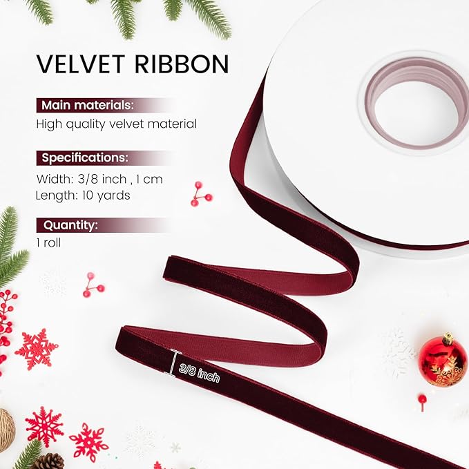 Wine Red Velvet Ribbon, 3/8 inch 10 Yards Vintage Velvet Ribbons Perfect for Christmas Tree Ornaments, Gift Wrapping, Wedding Decoration, Bows, Sewing, Crafts, Wreath and More