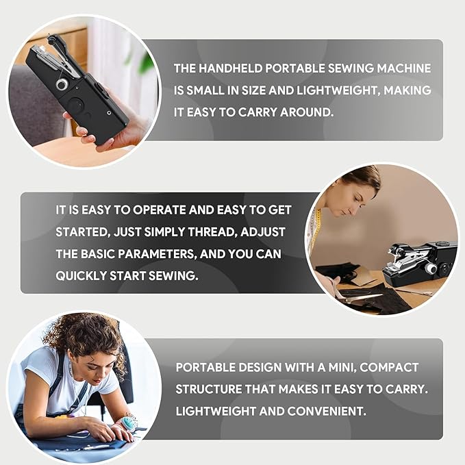 Handheld Sewing Machine, Portable & Cordless Mini Sewing Machine for Beginners - Electric Fast Stitching, DIY Fabric Clothes Repair Kit, Home Travel Mending Machine with Accessories (Black)
