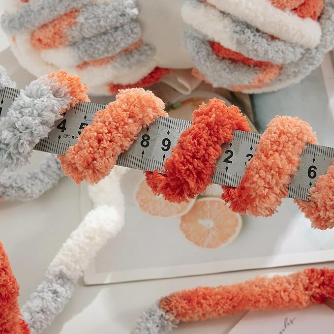 Hombys 8 Pack Giant Chunky Yarn for Crocheting & Knitting - Super Bulky Large Soft Fluffy Tie Dye Plush Fuzzy Mixed Color Thick Chenille Yarn (Orange, Light Grey, White)