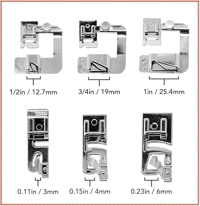 Rolled Hem Presser Foot [6 Sizes] Wide Rolled Hem Foot Set & Narrow Foot Hemmer Set For Brother, Singer & Janome Low Shank Sewing Machines. Hemming Pressure Feet With Distinctive Wide and Narrow Sizes