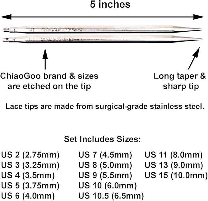 ChiaoGoo Twist Red Lace 5-Inch Complete 7500-C Interchangeable Circular Knitting Needle Set, Sizes US 2, 3, 4, 5, 6, 7, 8, 9, 10, 10.5, 11, 13, 15 with 6 Cords with Project Bag