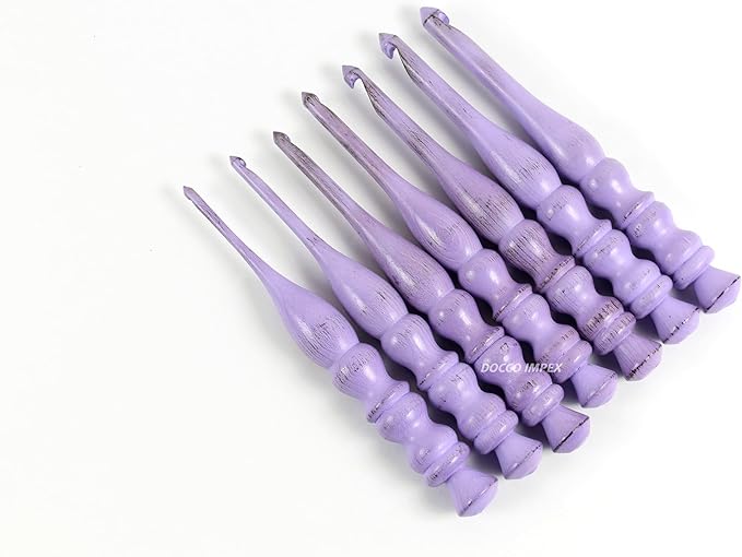 Handmade Ergonomic Wooden Crochet Hooks for Arthritic Hands (Set of 7) Needles for Yarn Accessories | Size 4 mm to 10 mm with Engraved | Yarn Tool (Purple)