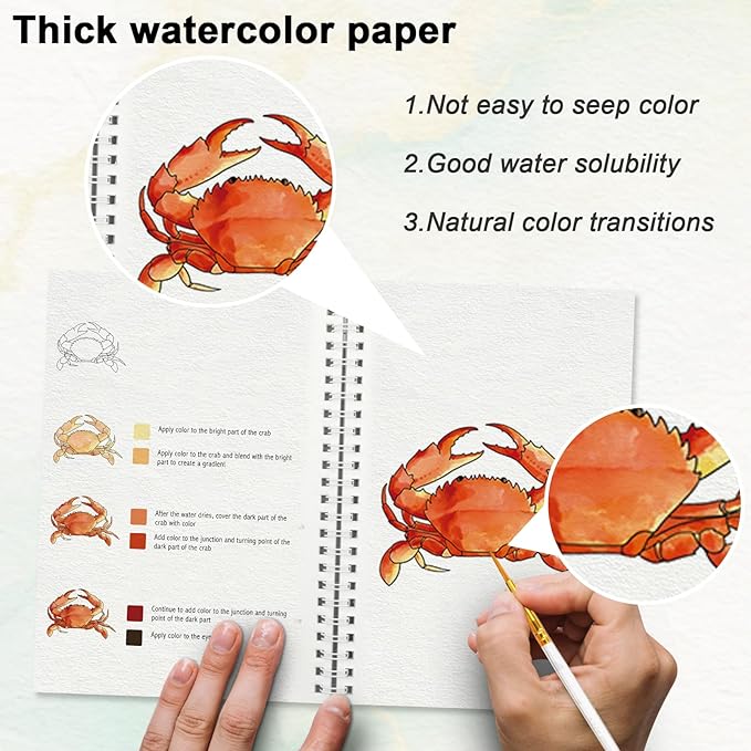 Watercolor Workbook for Beginners with Step-by-Step - 12 Watercolor Coloring Pages - 100% Cotton 300gsm/140lb Watercolor Paper - Gift for Women,Adults, Teens (Seaside)