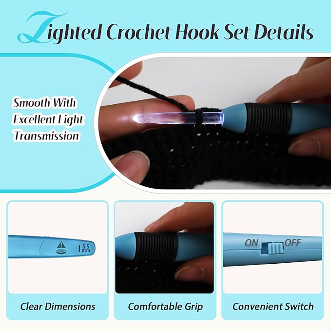 Yarniss 9 Size Light Up Crochet Hook Set 2.5mm-6.5mm, Led Lighted Crochet Hooks for Dark Yarn with 3 Packs Replacement Batteries,Gift for Crocheters