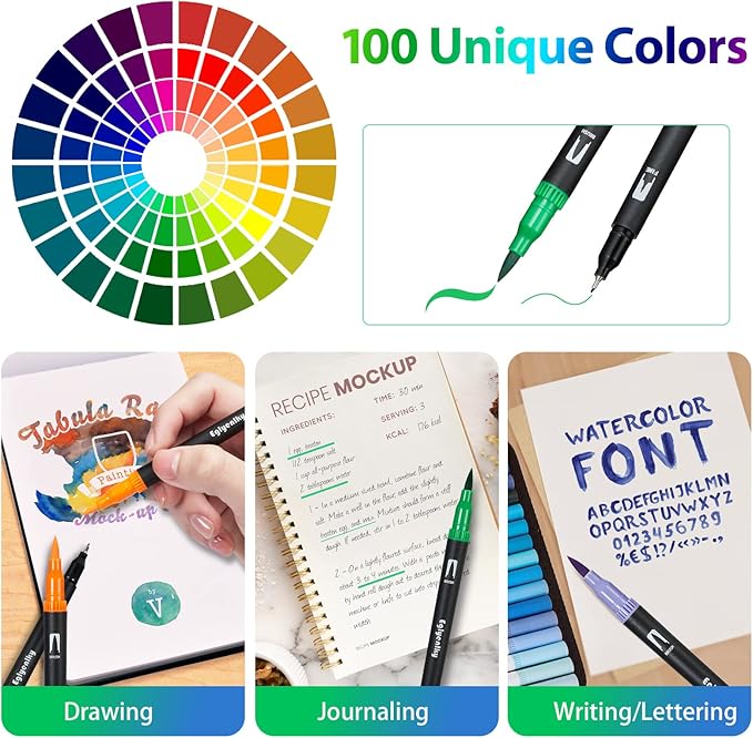 Dual Brush Pens, Markers Adult Coloring Book,100 Colors Art Pens with Fine Point Markers and Brush Tip for Adult Kids Drawing (Black Set)