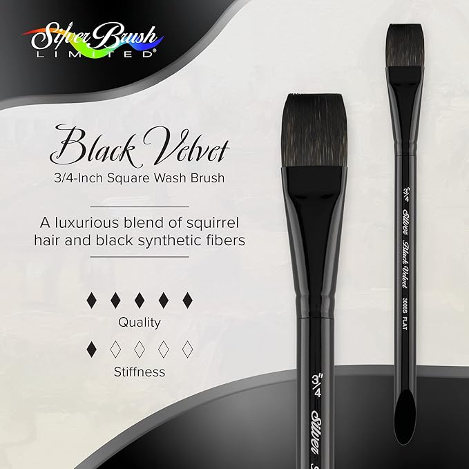 Silver Brush Limited 3008S-3/4 Black Velvet Square Wash Paintbrush for Watercolor, Gouache, Inks, & Dyes, Size 3/4 Inch, Short Handle