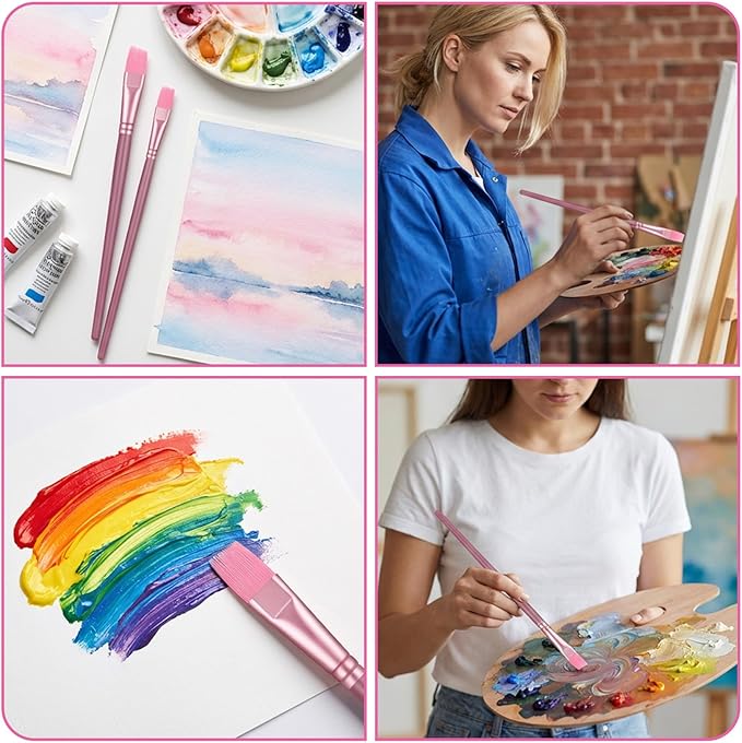 6 Pcs Nylon Hair Brushes for Paint by Number, Acrylic Paints Brush Set Watercolor Brush Oil Painting Round Flat Art Paint Brushes Kit for Beginners Adults with 2/4/6/8/10/¼ Sizes(Pink)