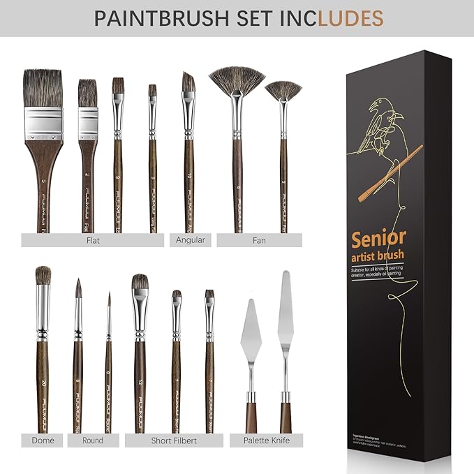 Oil Paint Brush Set, 15Pcs Fuumuui Professional Paint Blending Brushes Natural Badger Bristle with Flat, Fan, Angle, Round, Filbert for Acrylic Oil Painting with 2pc Palette Knife