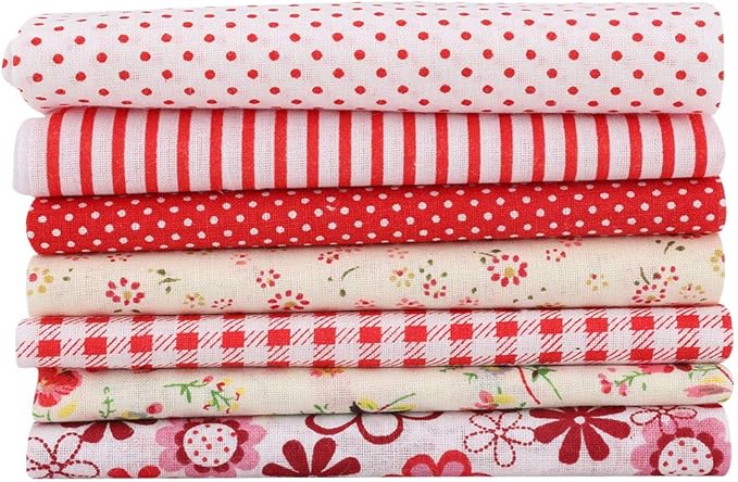 7Pcs Fat Quarters Fabric Bundles Sewing, 9.8×9.8in Red Flowers Square Cotton Precut Fat Sheets for DIY Patchwork Quilting Crafting
