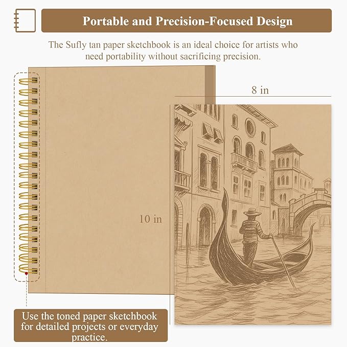 SuFly Toned Tan Sketchbook, 8x10 Inches, 60 Sheets - 90lb/150gsm Tan Paper for Mixed Media, Charcoal, Graphite, Colored Pencils & White Gel Pens, 100% Recycled, Wire-O Bound.