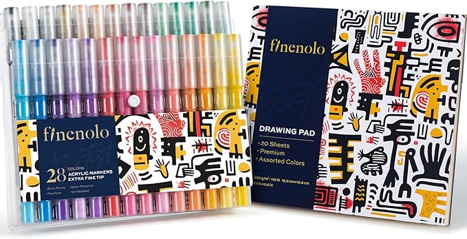 Acrylic Paint Pens Markers, 28 Colors, 0.7 mm, Fine Tip Markers, Perfect for Rock Painting, Ceramic Mug, Fabric, Glass, Wood, Includes Cardstock