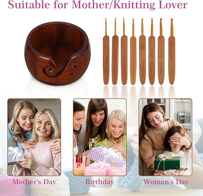 Wooden Yarn Bowl with 8Pcs Metal Crochet Hooks, Knitting Yarn Bowl with Holes Storage Handmade to Prevent Slipping, Perfect Yarn Holder Bowl for Crocheting and Knitting Mother's Day Gift 5" x 3"