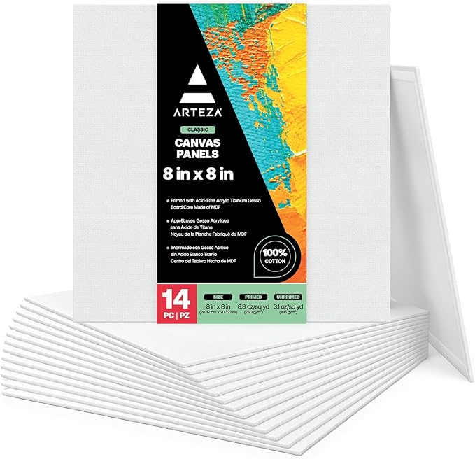 ARTEZA Canvas Boards for Painting, 8 x 8 Inches, Pack of 14, Blank White Canvas Panels for Acrylic, Oil and Gouache Painting