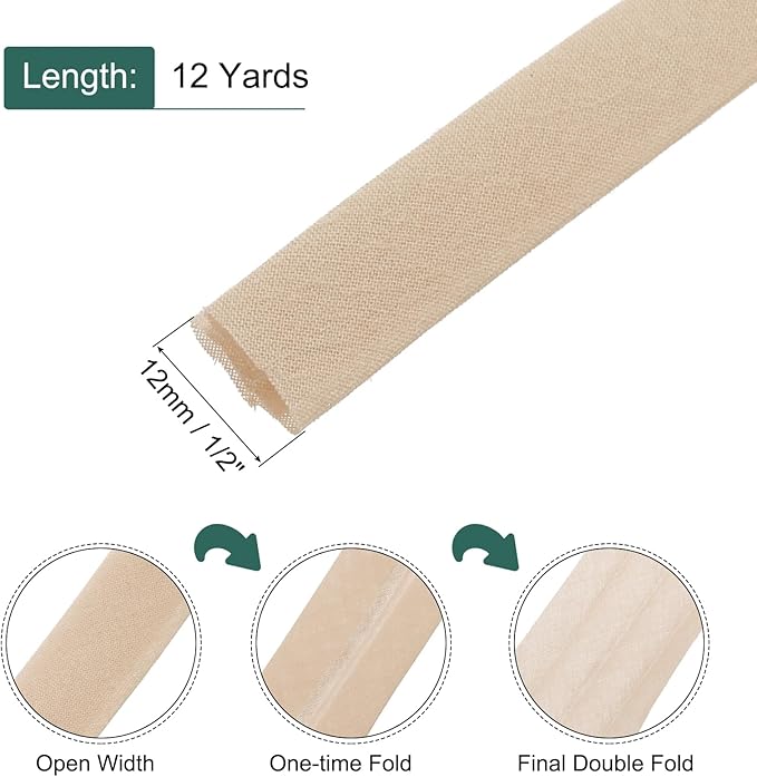 MECCANIXITY 1/2 Inch Double Fold Bias Tape Continuous Bulk Cotton Bias Tape for Sewing Seaming Quilting Hemming Binding Crafts (Khaki 12 Yards)