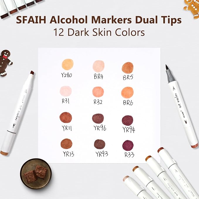 SFAIH Skin Tone Alcohol Markers Brush & Chisel - 12 Dark Portrait Colors, Blendable & Refillable Permanent Art Markers for Adults/Teen/Artists/Creators & Illustrators
