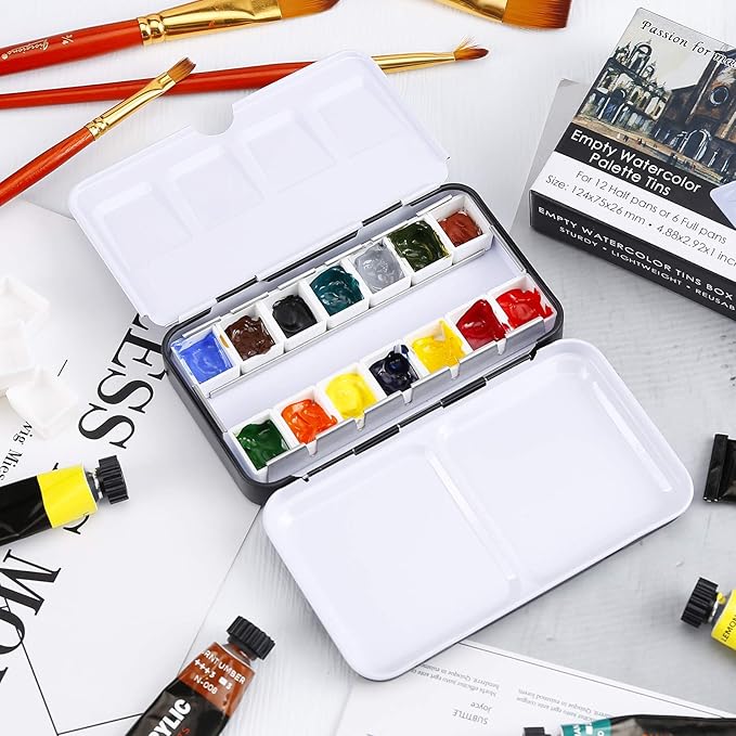 MYARTOOL Watercolor Tin Palette, Metal Empty Paint Case with 12 PCS Empty Half Pans for DIY Travel Watercolor Palette, Acrylic and Oil Painting