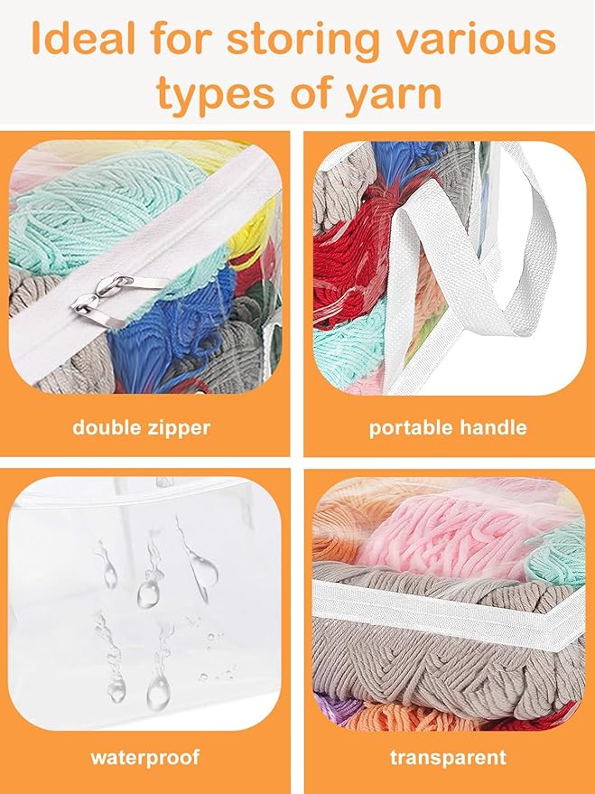 Yarn Storage Bags - Clear Yarn Storage Organizer, Metal Zipper Closure, PVC & Nylon Storage Bag for Knitting, Crochet, Toys, 4 Packs