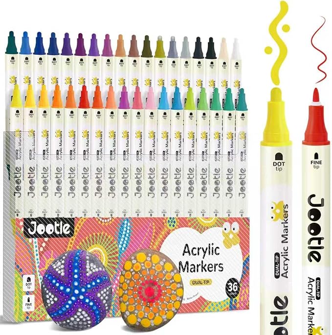 Dual Tip Acrylic Paint Pens for Rock Painting,36 Vibrant Colors Acrylic Paint Markers with 1-5 MM Dot Tip and 1MM Fine Tip,Acrylic Markers Set for Canvas Fabric Wood Coloring Books Drawing Markers