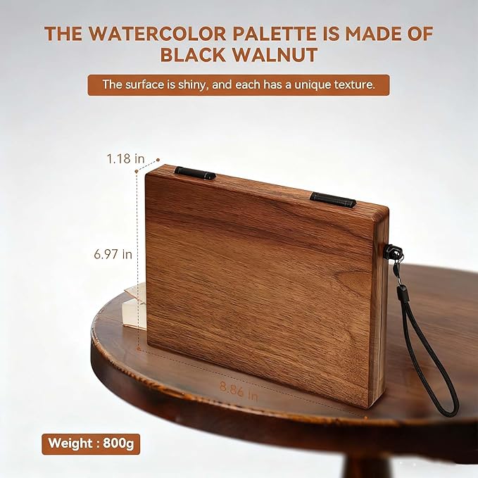 27 Grid Crossbody Portable Watercolor Palette Box, Black Walnut Wooden Travel Mini Paint Box with Adjustable Shoulder Strap, Watercolor Easel, Metal Clips for Painters and Artists