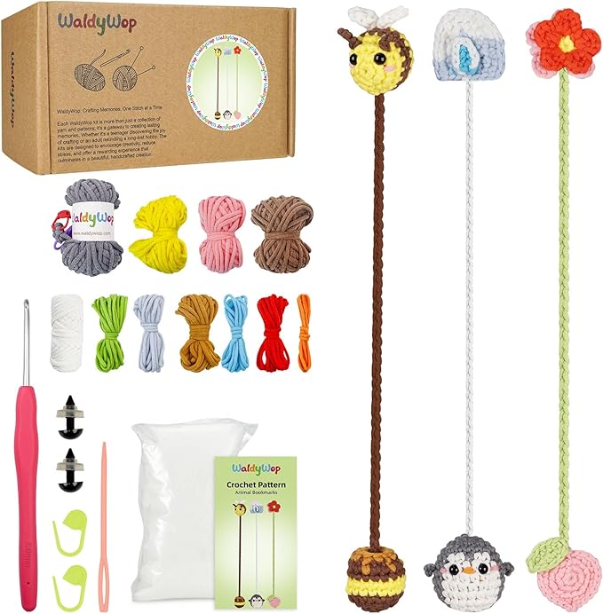 WaldyWop Crochet Kit for Beginners: 3 Animal & Flower Bookmarks Knitting Kits for Girls w/Easy Yarn, Crochet Hook & Easy Video Tutorials-Wobbles Crochet Animal Kit for Adults, Birthday Gifts for Women