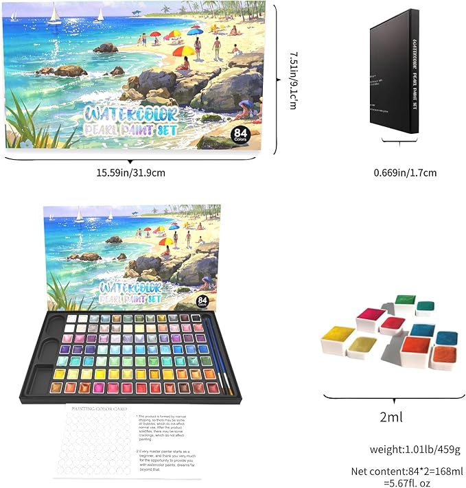 2ml Large Capacity Metallic Watercolor Paint Set, 36/60/84 Color Metallic/Pearlescent/Glitter/Color Shifting/Shimmer Water Color Paint for Adult Kids with 2 Paintbrushes (84colors)