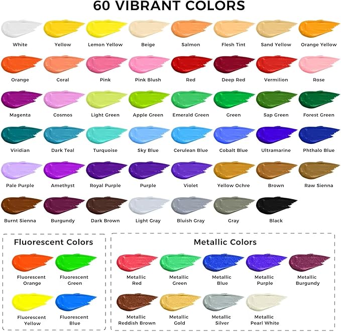 ARTME Acrylic Paint Set, 60 Colors in 2oz/60ml Bottles, Non Toxic, Waterproof, Rich Pigments Acrylic Paint for Artists, Students, Beginners Painting on Rocks Canvas Wood Clay Fabric Ceramic Crafts