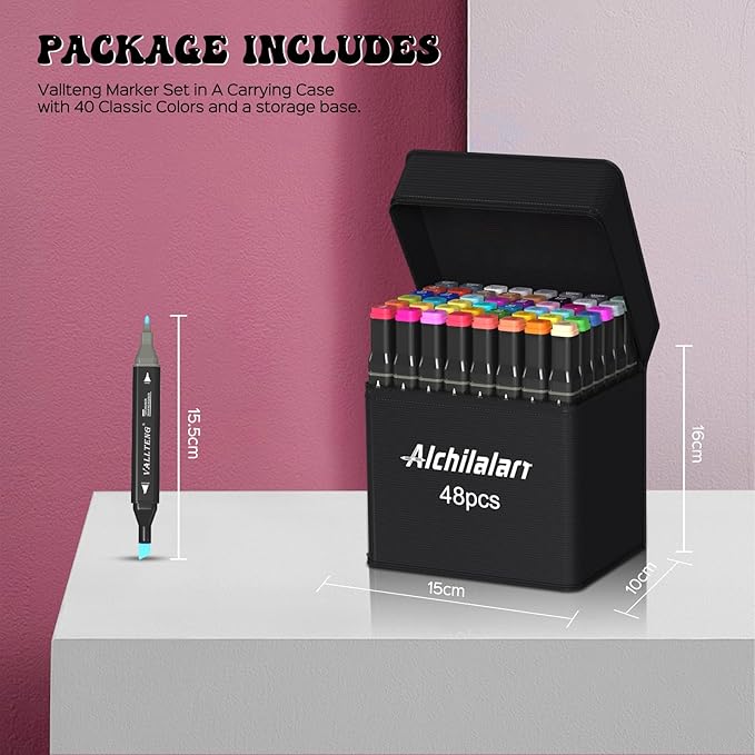 alchilalart 48 Colors Alcohol Based markers, Alcohol Markers Set, Dual Tip Alcohol Sketching Drawing Markers Animation for Adults Kids