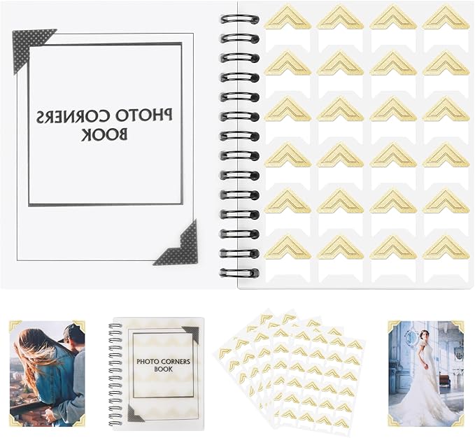 GOONAVI 10 Sheets 240 PCS Shiny Gold Acid-Free Photo Corners Notebook, Self-Adhesive Photo Corners for DIY Photo Album Journal, Photo Corner Stickers for Trip Journal Memory Book
