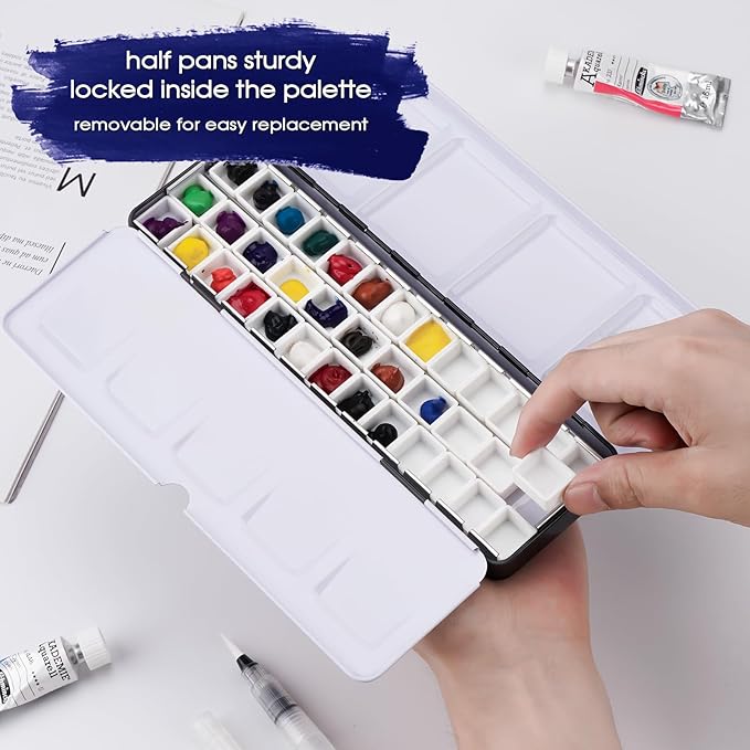 PEVART Empty Watercolor Paint Palette,Metal Box Mixing Palette Case with 37 Water Color Half Pans and Fold-Out Palette Tin Paint Tray Travel Watercolor Set,Acrylic,Gouache, Oil Painting