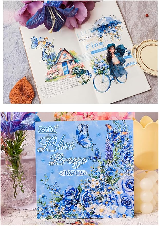 MAFELOE 30 Pages PET Scrapbook Stickers of Creative Flowers Theme, Aesthetic Deco Journaling Supplies for Junk Bullet Diary Album Calendars-Blue (Y3-P-WSSL)