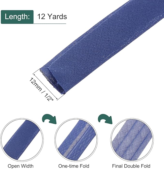 MECCANIXITY 1/2 Inch Double Fold Bias Tape Continuous Bulk Cotton Bias Tape for Sewing Seaming Quilting Hemming Binding Crafts (Medium Blue 12 Yards)