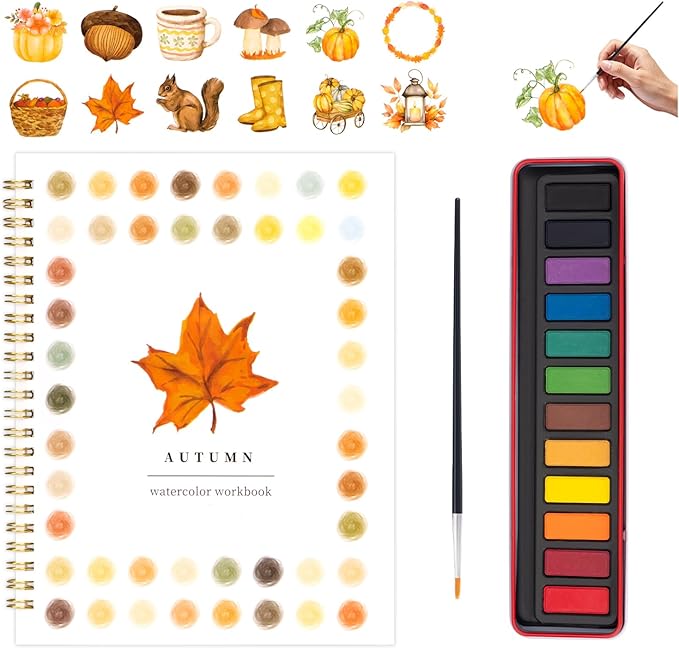 Kivzex Watercolor Workbook for Adults, Beginner Friendly Watercolor Painting Kit Autumn Water Coloring Book, Nature-Themed Practice Art Gift Water Color Paint Book with Palette and Brush