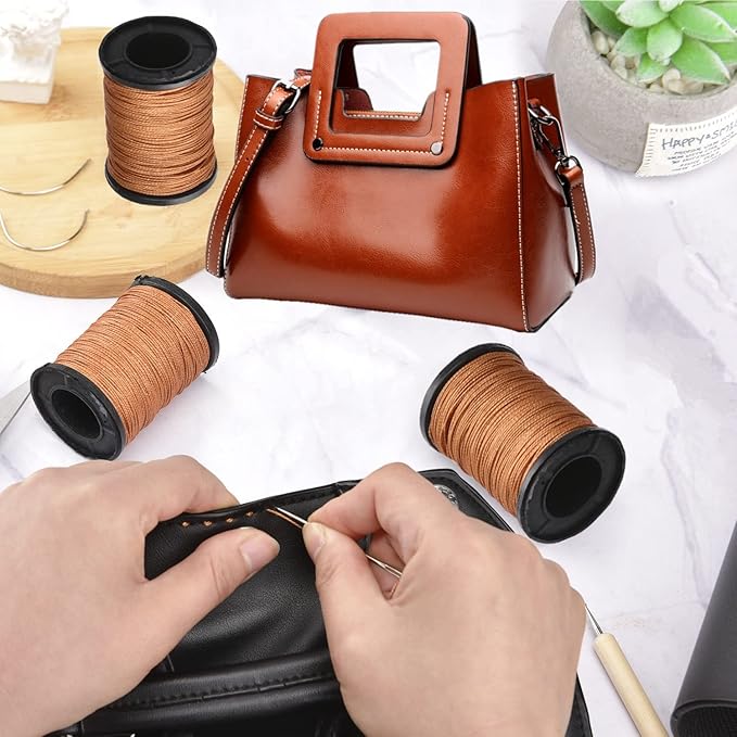 Topus Extra Strong Upholstery Repair Sewing Thread Kit and Heavy Duty Household Hand Needles, Including 7 Styles of Leather Canvas Sewing Needles and 3 Rolls Nylon Thread (70 Yard of Each Roll), Brown