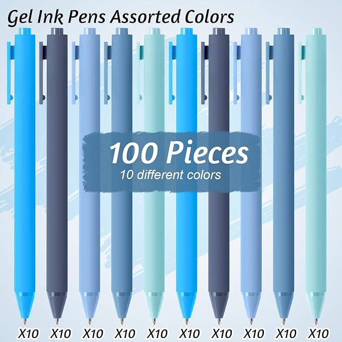 Crtiin 100 Pcs Gel Ink Pens Bulk, Black Ink 0.5mm Fine Point Retractable Pen Smooth Writing Office Supplies for Teacher Server Nurse Christmas Charity Donation Valentine (Blue Series)