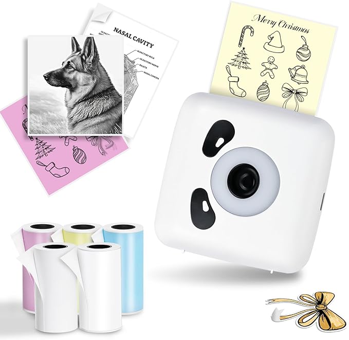 Mini Sticker Printer with 5 Roll Thermal Paper- Sticker Maker Machine - 300Dpi Portable Sticker Maker for Kids Scrapbook/DIY/Journal/Travel/Photo, Compatible with iOS&Android