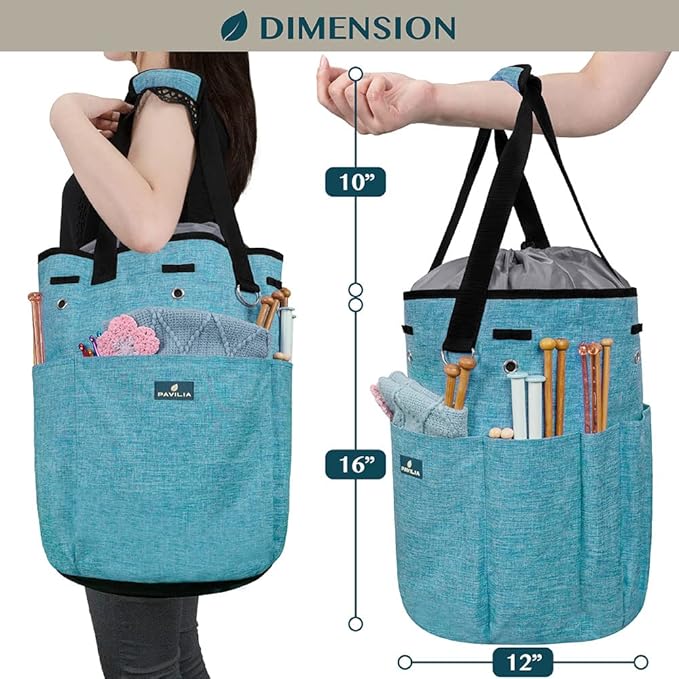 PAVILIA Crochet Bag Knitting Bag Organizer, Yarn Bag Storage Tote for Crocheting On The Go, Knitting Accessories Supplies Holder with Grommets, Gift for Crochet Lovers Knitters (Turquoise Blue)