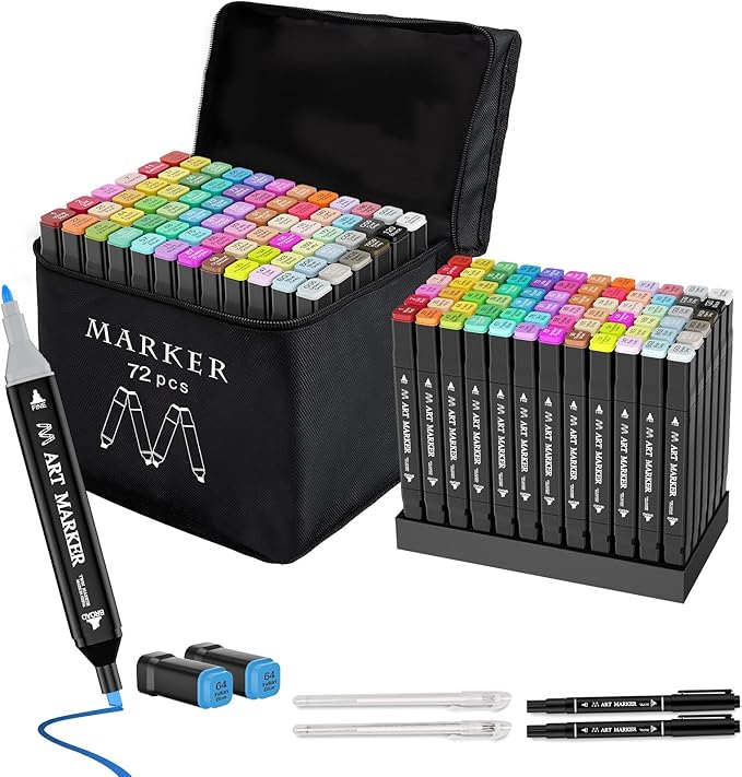 Banral Alcohol Markers Set, 72 Colors Dual Tip Alcohol Based Art Marker for Artists, Permanent Drawing Markers for Adult Coloring Sketching Illustration with Case and Holders