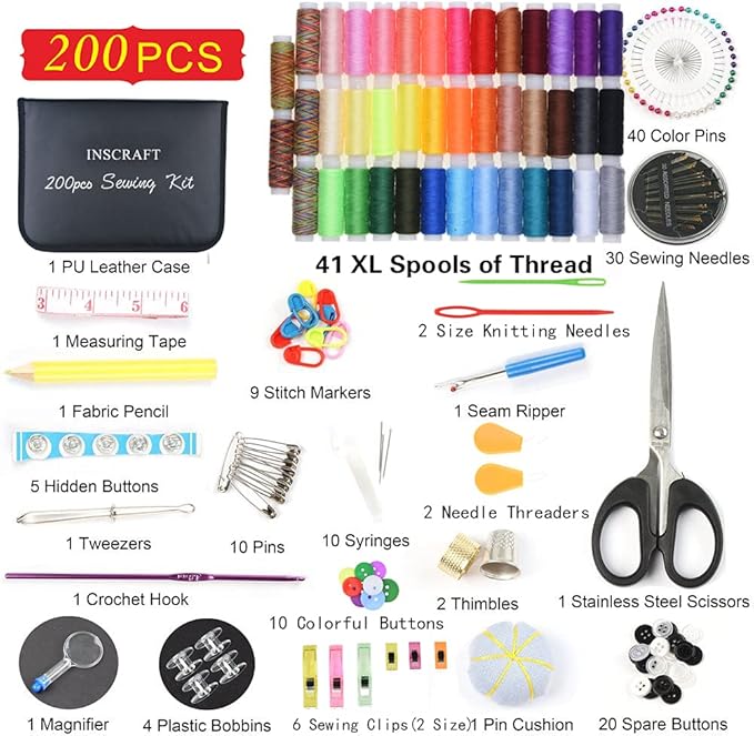 INSCRAFT Sewing Kit, 200 Premium Sewing Supplies, 41 XL Thread Spools, Suitable for Traveller, Adults, Beginner, Emergency, DIY and Home by INSCRAFT