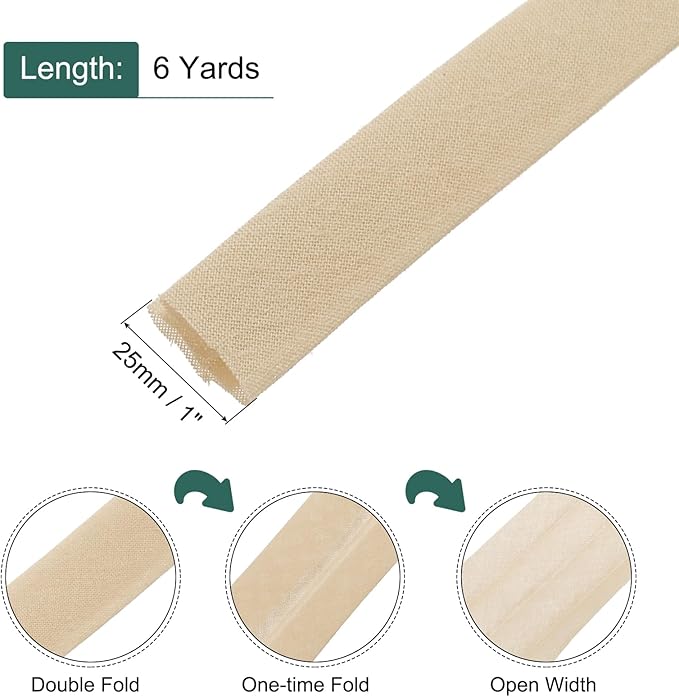MECCANIXITY 1 Inch Double Fold Bias Tape Continuous Bulk Cotton Bias Tape for Sewing Seaming Quilting Hemming Binding Crafts (Khaki 6 Yards)