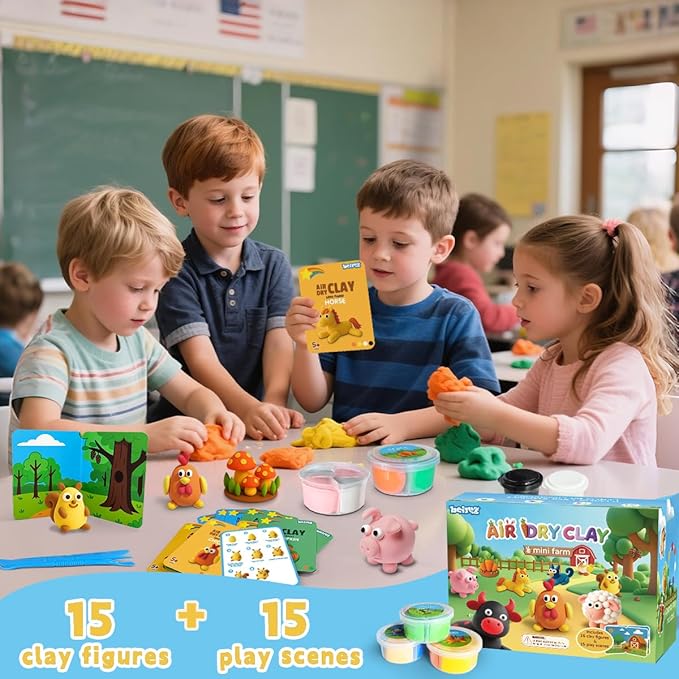 BEIREG Air Dry Clay for Kids - 15Pcs Farm Animals & Vegetables with Tutorial Scence Card, Ultra Soft, Safe Non-Toxic, DIY Modeling Magic Clay, School Projects Party Favors for Boys Girls Ages 3-12